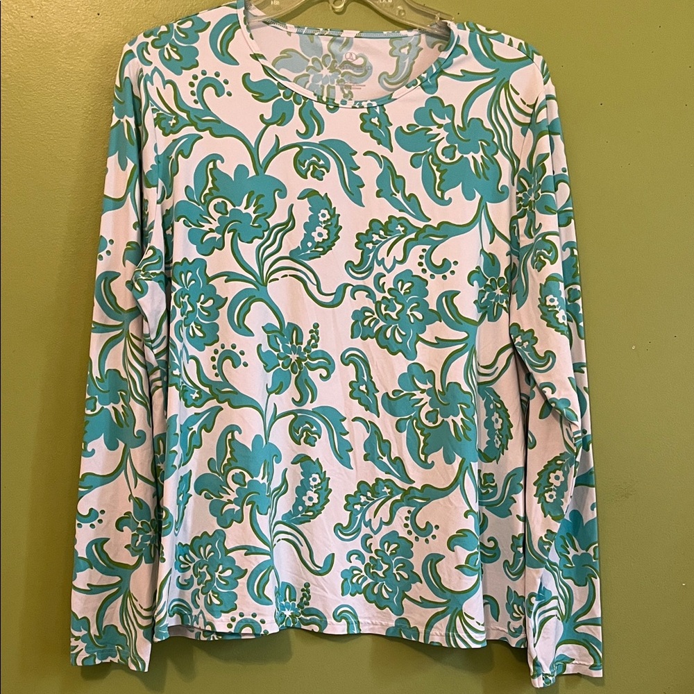 Lands' End long-sleeve scoop neck top in a white, green, and blue floral/paisley